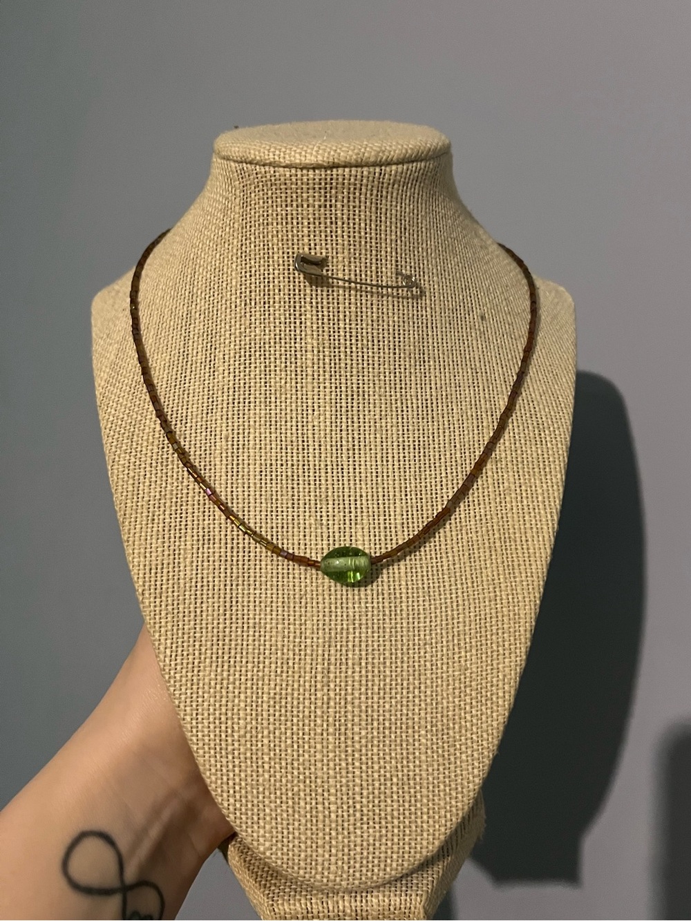 #184.Handmade Necklace Brown Seed Beads Green Bead Pendant
